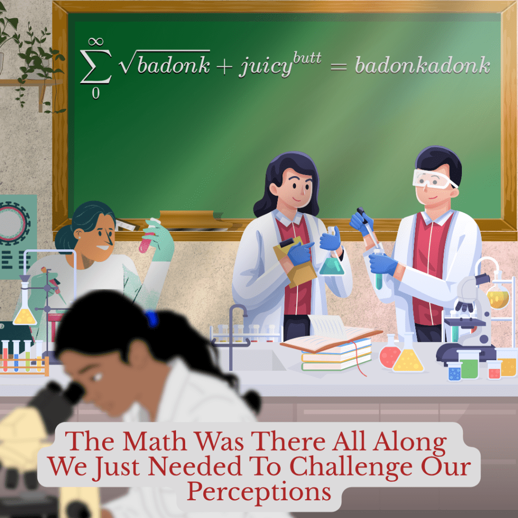 An illustration of a lab with scientists trying to figure out how to create the greatest Donk diapers with a proving theorem about a summation series that equals "badonkadonk"