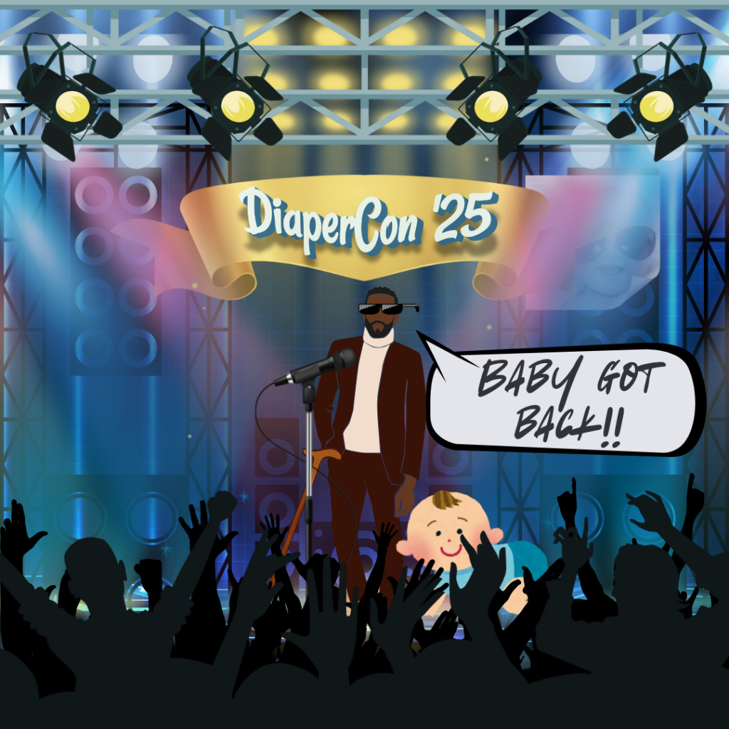 Brigadier General Mixalot on stage, at DiaperCon '25, shouting at a baby on stage saying "Baby Got Back!!"