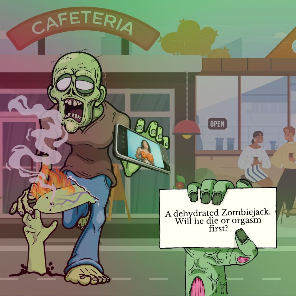 comedic cartoon image of a zombie, to be understood as a dehydrated human that it so wrecked that they look like a zombie, with a throbbing erection that's on fire. The zombie is walking down the street. Another zombie hand holds a title card asking if the dehydrated zombiejack will die first or orgasm first."
